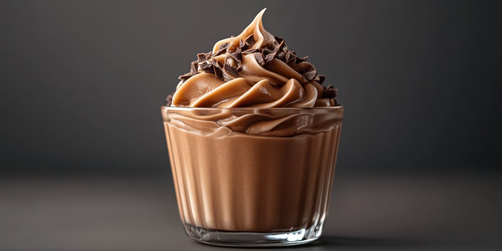 Delicious chocolate mousse topped with chocolate shavings in a clear glass cup